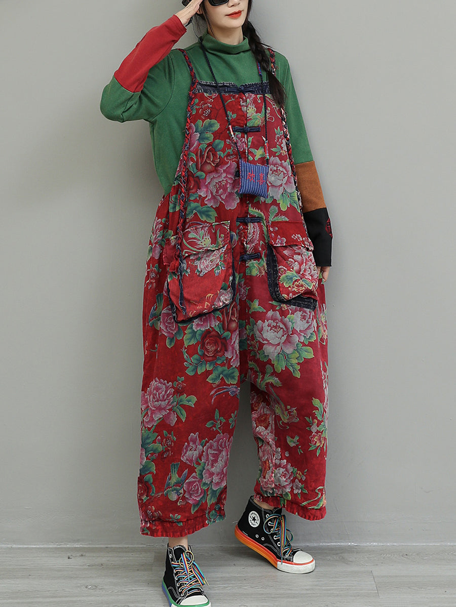 Women Vintage Flower Cotton Loose Jumpsuits