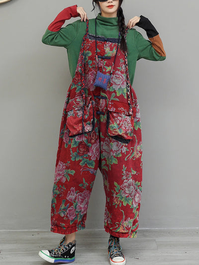 Women Vintage Flower Cotton Loose Jumpsuits