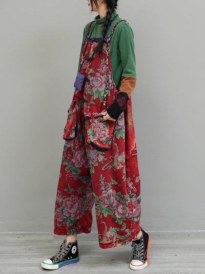 Women Vintage Flower Cotton Loose Jumpsuits