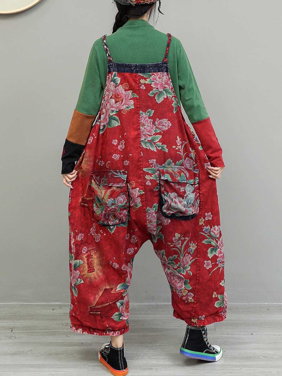 Women Vintage Flower Cotton Loose Jumpsuits