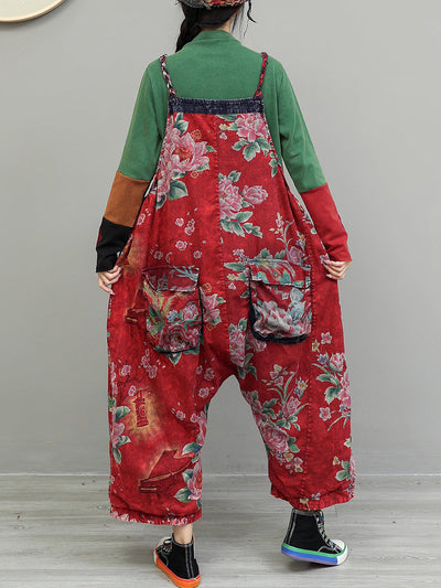 Women Vintage Flower Cotton Loose Jumpsuits