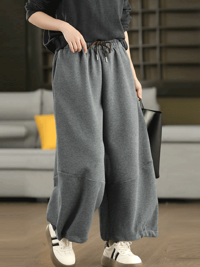 Women Autumn Casual Pure Color Fleece-lined Wide-leg Pants