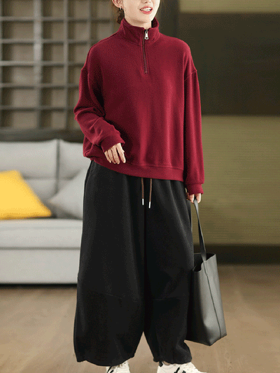 Women Autumn Casual Pure Color Fleece-lined Wide-leg Pants