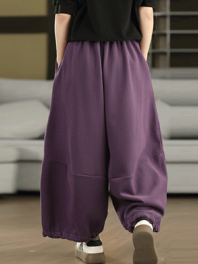 Women Autumn Casual Pure Color Fleece-lined Wide-leg Pants