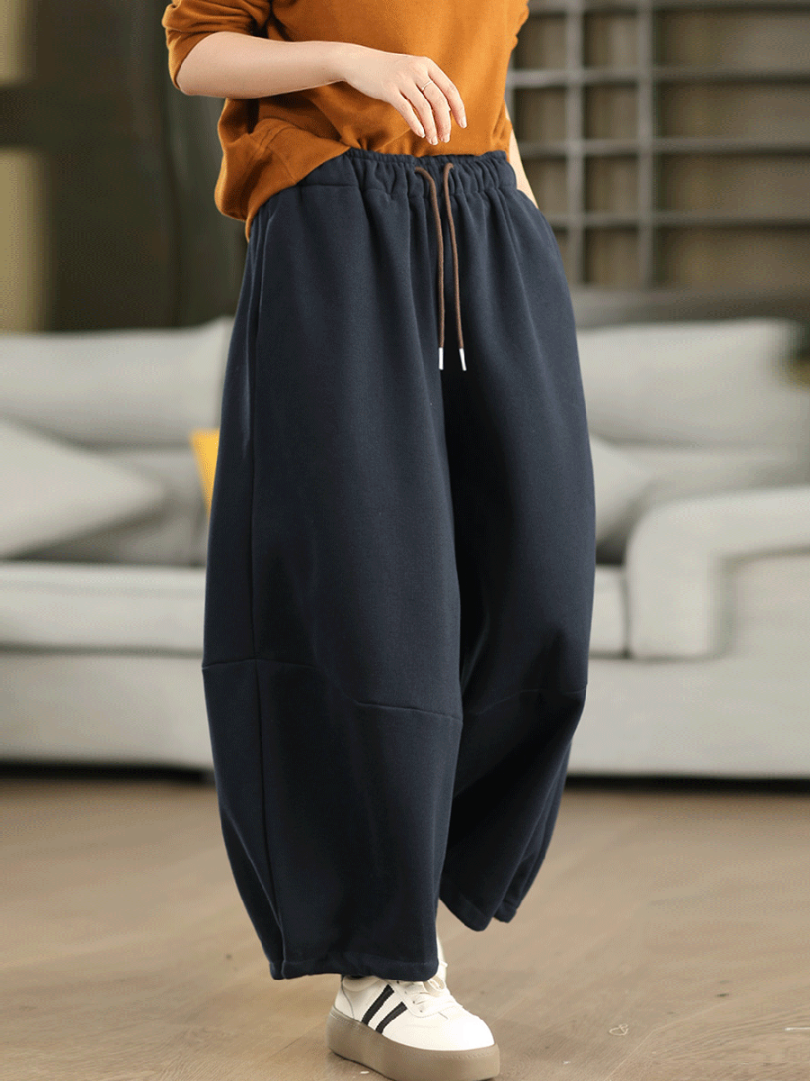 Women Autumn Casual Pure Color Fleece-lined Wide-leg Pants