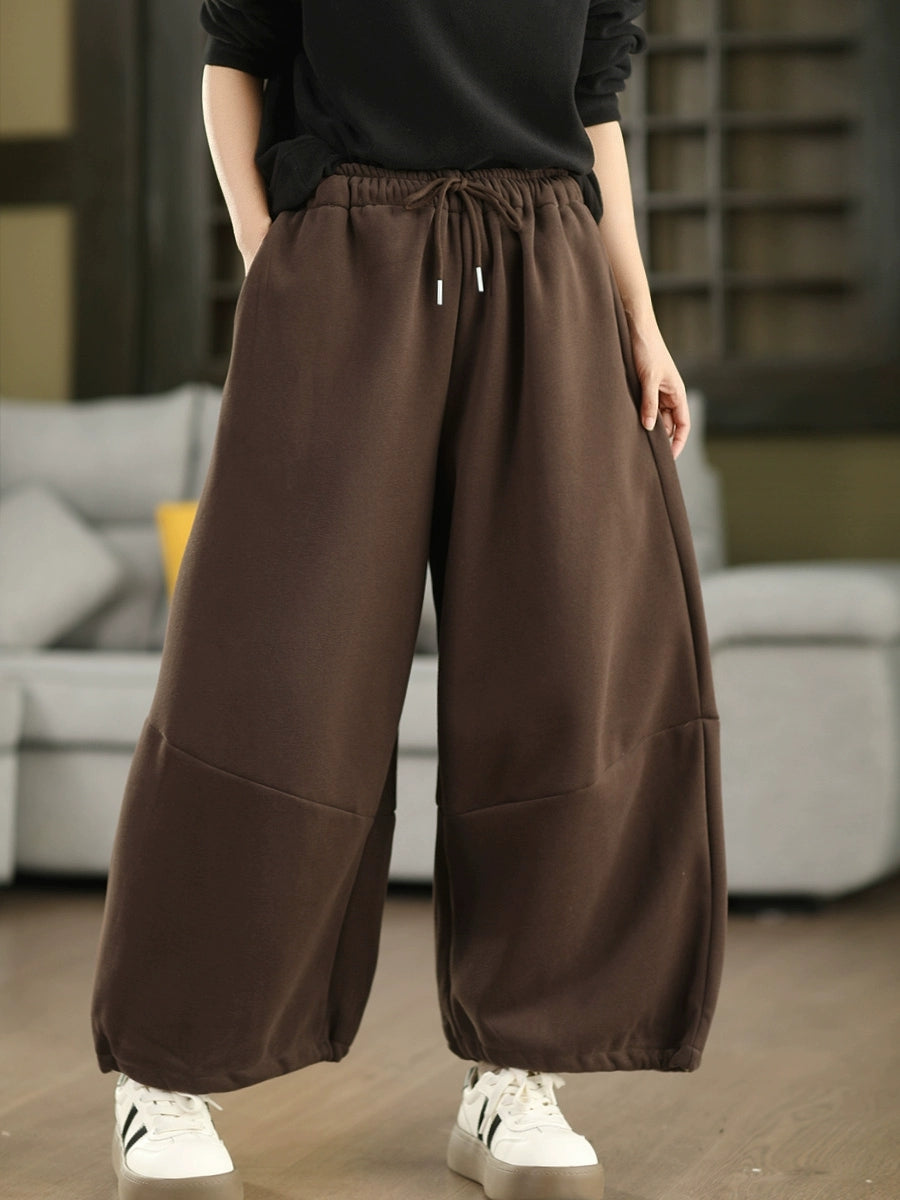Women Autumn Casual Pure Color Fleece-lined Wide-leg Pants
