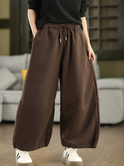 Women Autumn Casual Pure Color Fleece-lined Wide-leg Pants