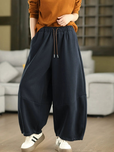 Women Autumn Casual Pure Color Fleece-lined Wide-leg Pants