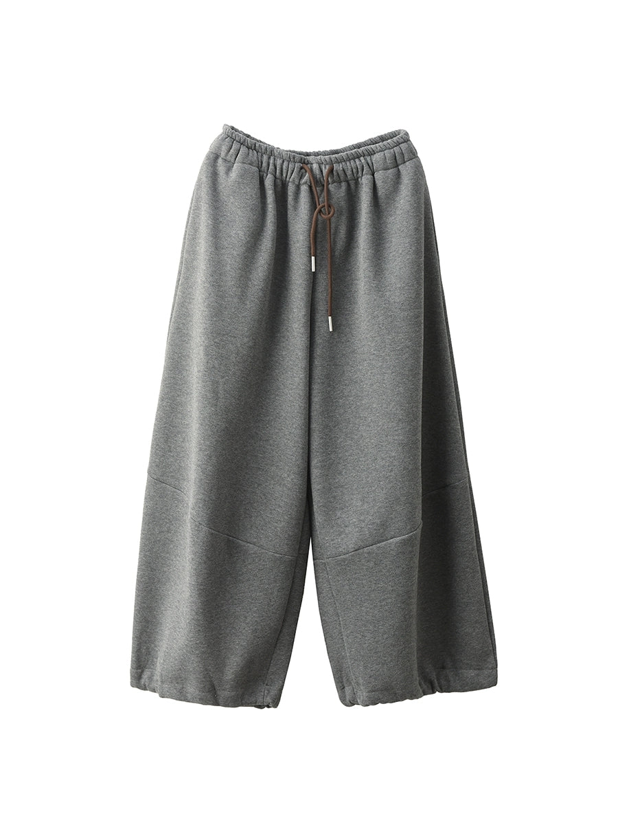 Women Autumn Casual Pure Color Fleece-lined Wide-leg Pants