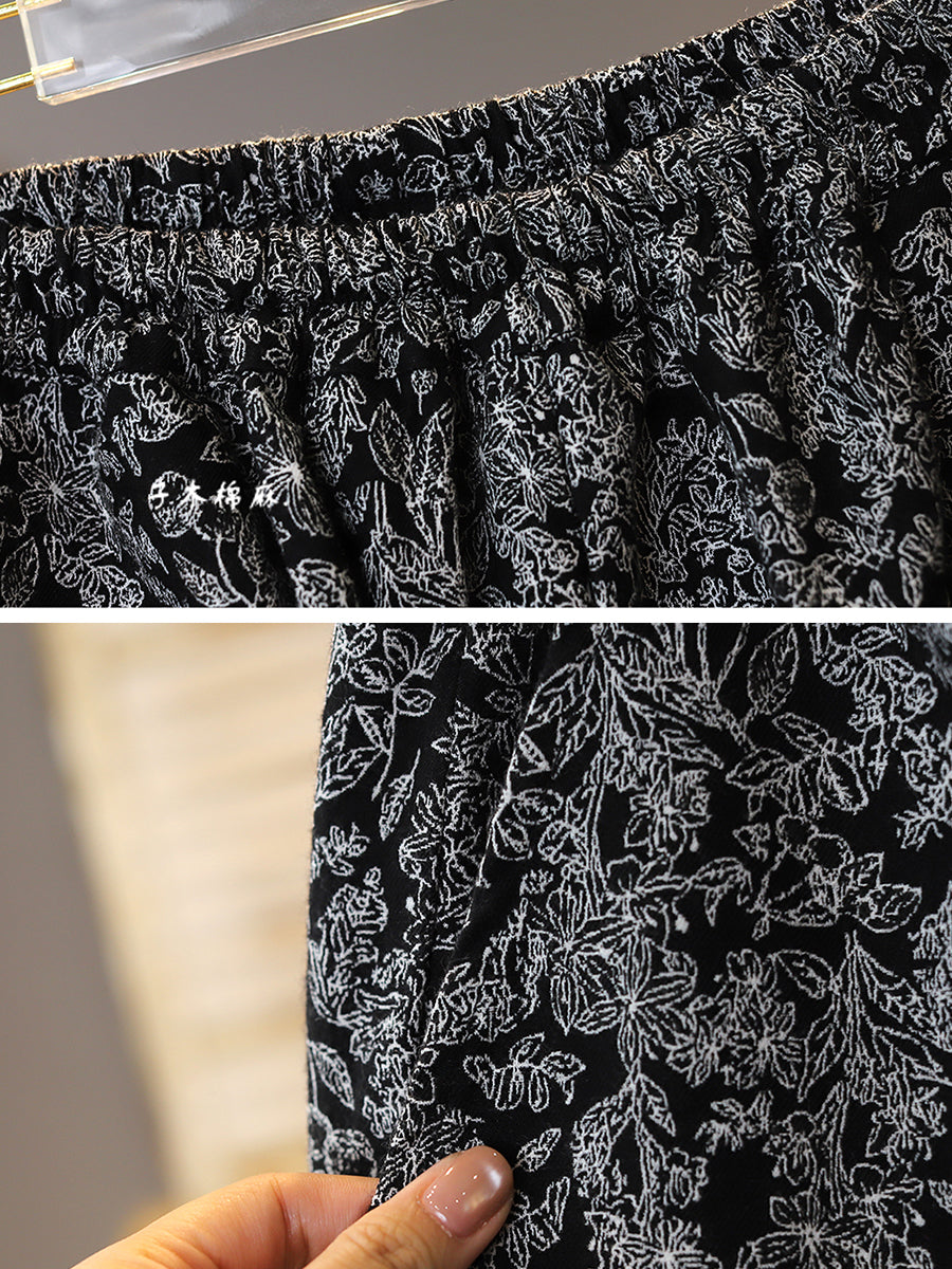 Women Autumn Retro Flower Jacquard Wide-leg Pants