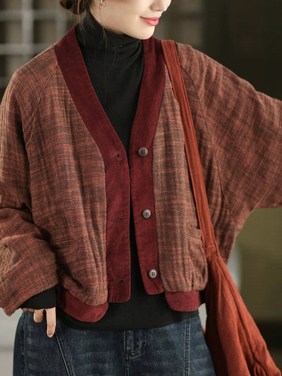Women Winter Colorblock V-Neck 100%Linen Jacket