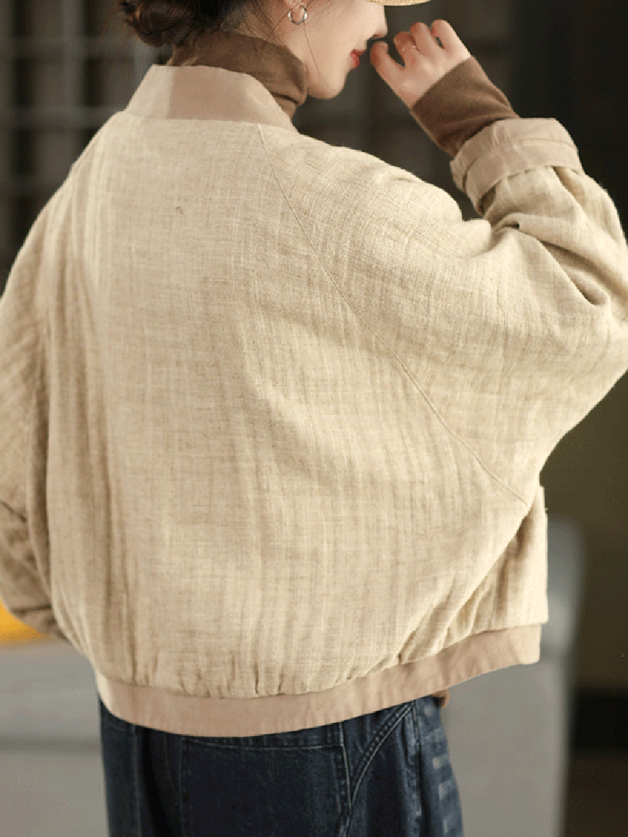 Women Winter Colorblock V-Neck 100%Linen Jacket