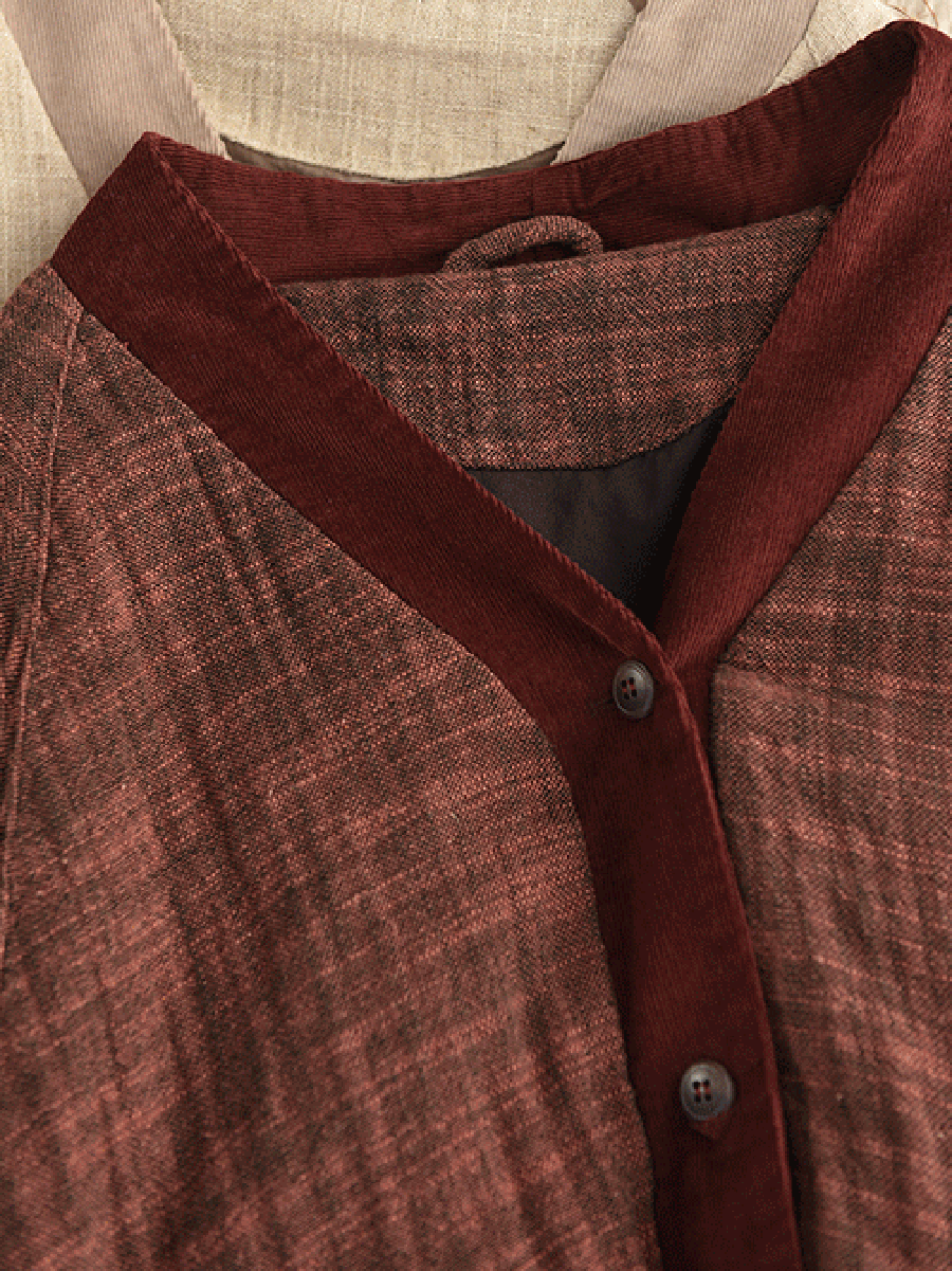 Women Winter Colorblock V-Neck 100%Linen Jacket