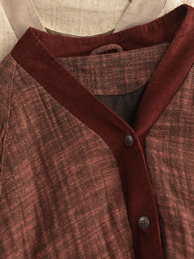 Women Winter Colorblock V-Neck 100%Linen Jacket