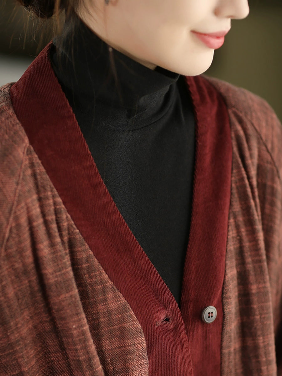 Women Winter Colorblock V-Neck 100%Linen Jacket