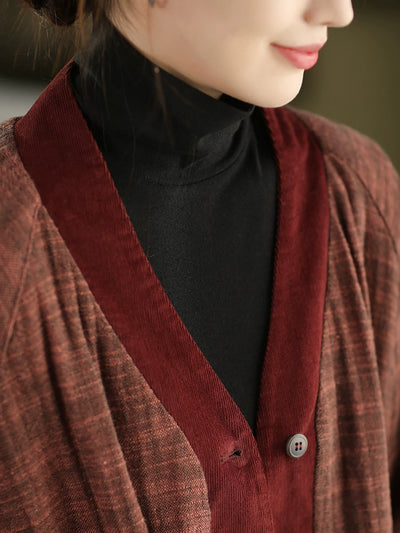 Women Winter Colorblock V-Neck 100%Linen Jacket