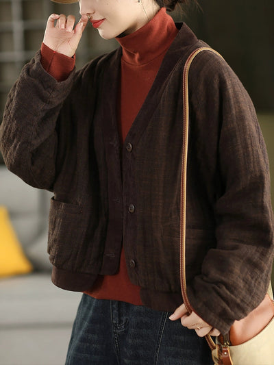 Women Winter Colorblock V-Neck 100%Linen Jacket