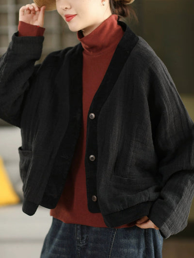 Women Winter Colorblock V-Neck 100%Linen Jacket