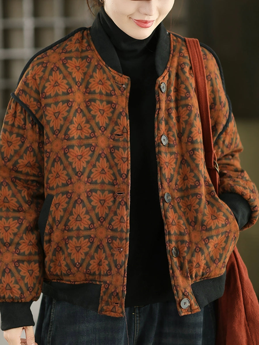 Women Autumn Vintage Flower Stand Collar Cotton Padded Jacket
