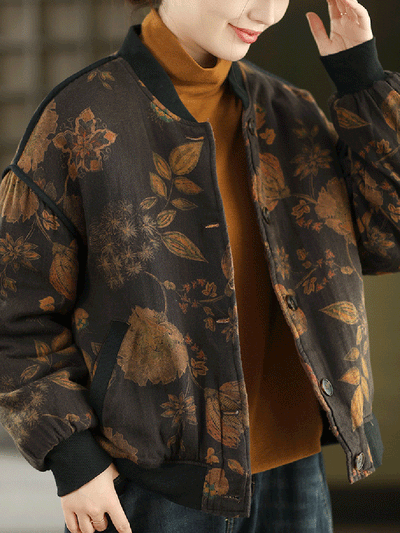 Women Autumn Vintage Flower Stand Collar Cotton Padded Jacket