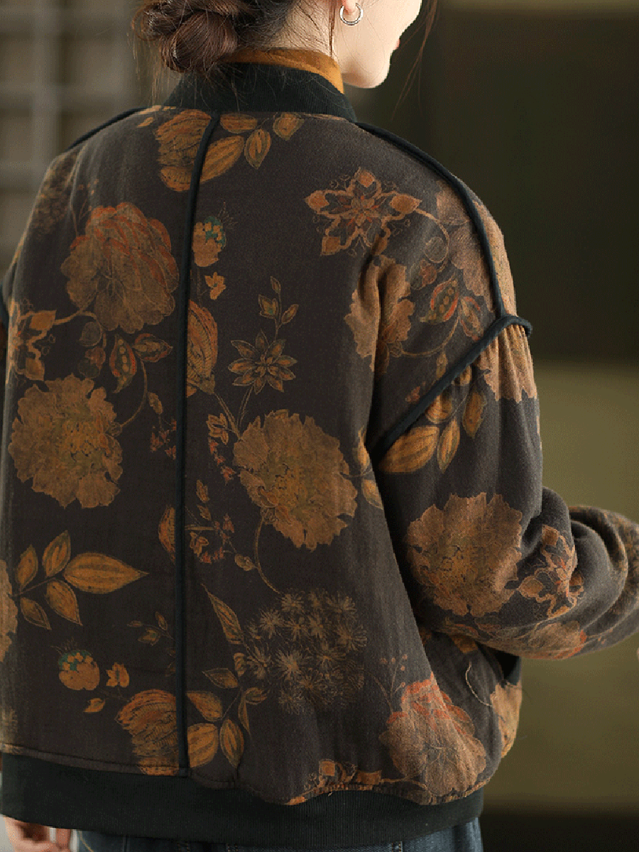 Women Autumn Vintage Flower Stand Collar Cotton Padded Jacket