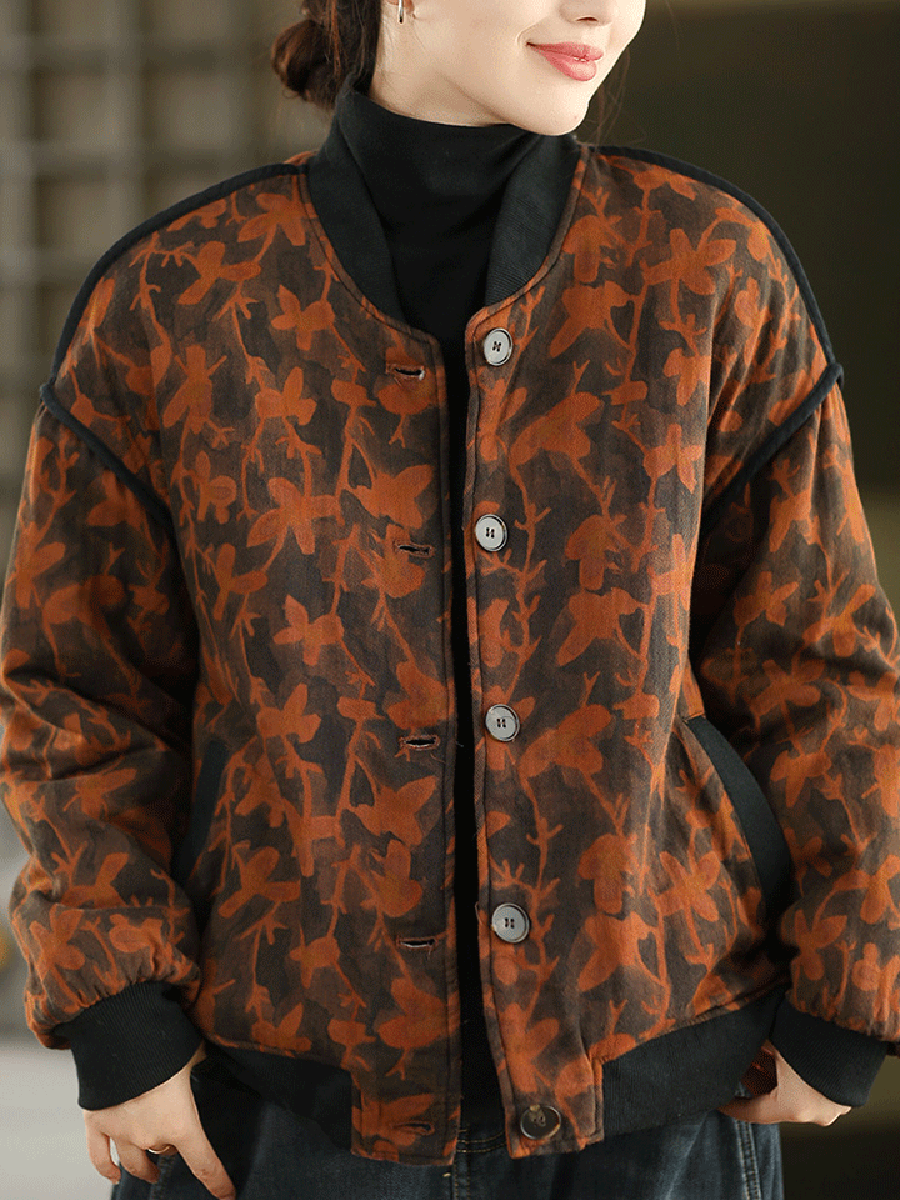Women Autumn Vintage Flower Stand Collar Cotton Padded Jacket