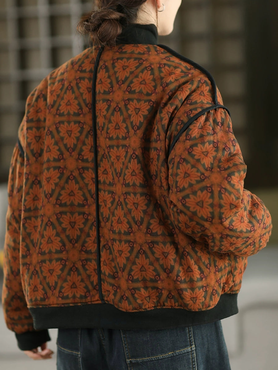 Women Autumn Vintage Flower Stand Collar Cotton Padded Jacket