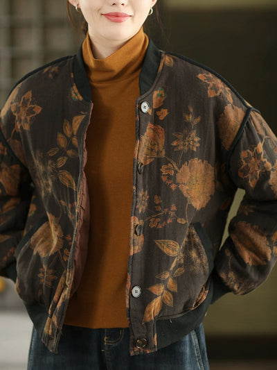 Women Autumn Vintage Flower Stand Collar Cotton Padded Jacket