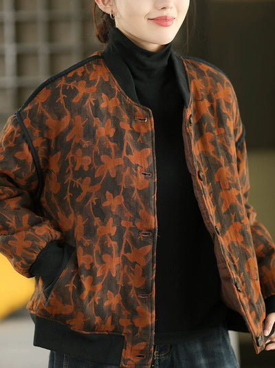 Women Autumn Vintage Flower Stand Collar Cotton Padded Jacket