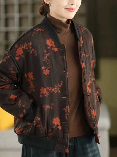Women Autumn Vintage Flower Stand Collar Cotton Padded Jacket