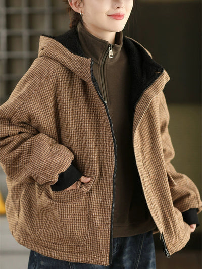 Women Autumn Vintage Plaid Dual-side Wearring Hooded Jacket