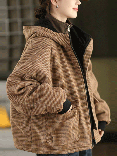 Women Autumn Vintage Plaid Dual-side Wearring Hooded Jacket