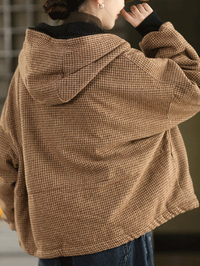 Women Autumn Vintage Plaid Dual-side Wearring Hooded Jacket