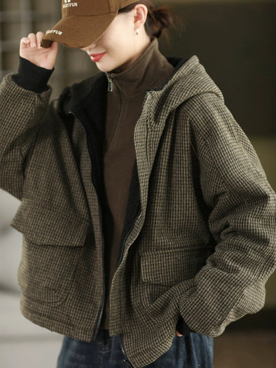 Women Autumn Vintage Plaid Dual-side Wearring Hooded Jacket