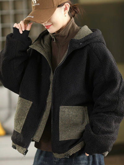 Women Autumn Vintage Plaid Dual-side Wearring Hooded Jacket