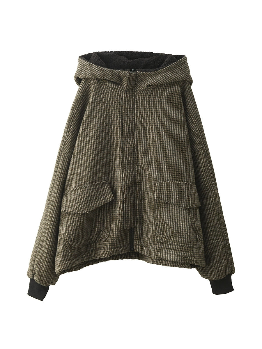 Women Autumn Vintage Plaid Dual-side Wearring Hooded Jacket