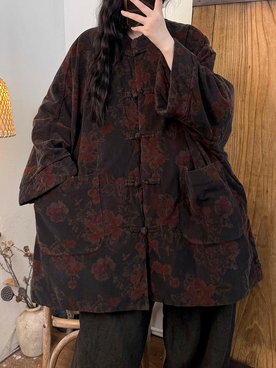 Women Ethnic Autumn Flower Stand Collar Corduroy Coat