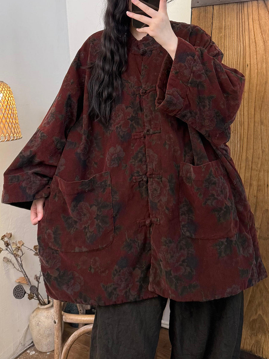 Women Ethnic Autumn Flower Stand Collar Corduroy Coat