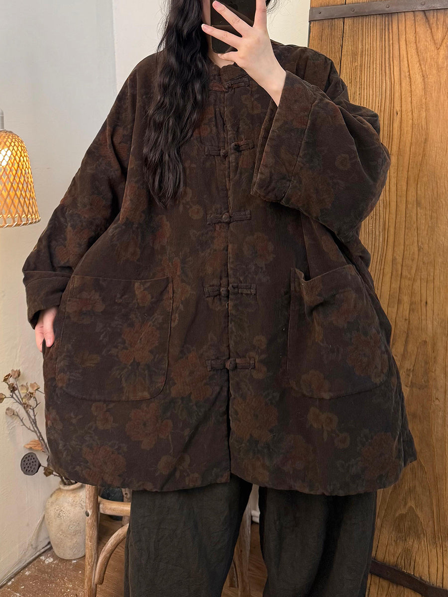 Women Ethnic Autumn Flower Stand Collar Corduroy Coat