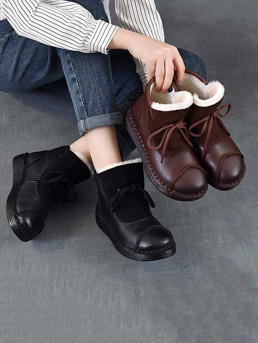 Women Vintage Genuine Leather Spliced Fleece-lined Boots