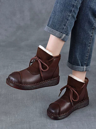 Women Vintage Genuine Leather Spliced Fleece-lined Boots