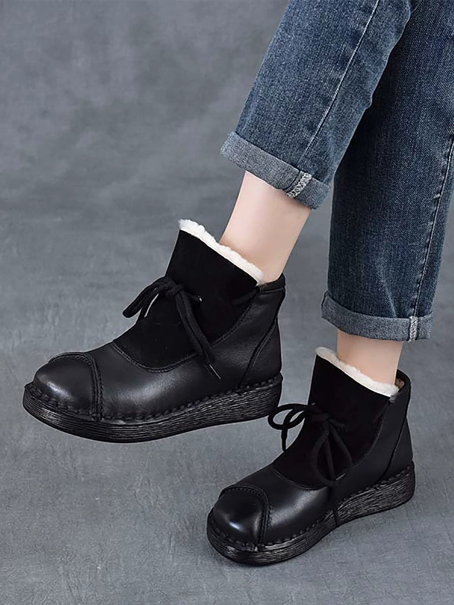 Women Vintage Genuine Leather Spliced Fleece-lined Boots