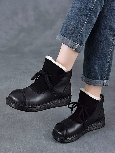 Women Vintage Genuine Leather Spliced Fleece-lined Boots