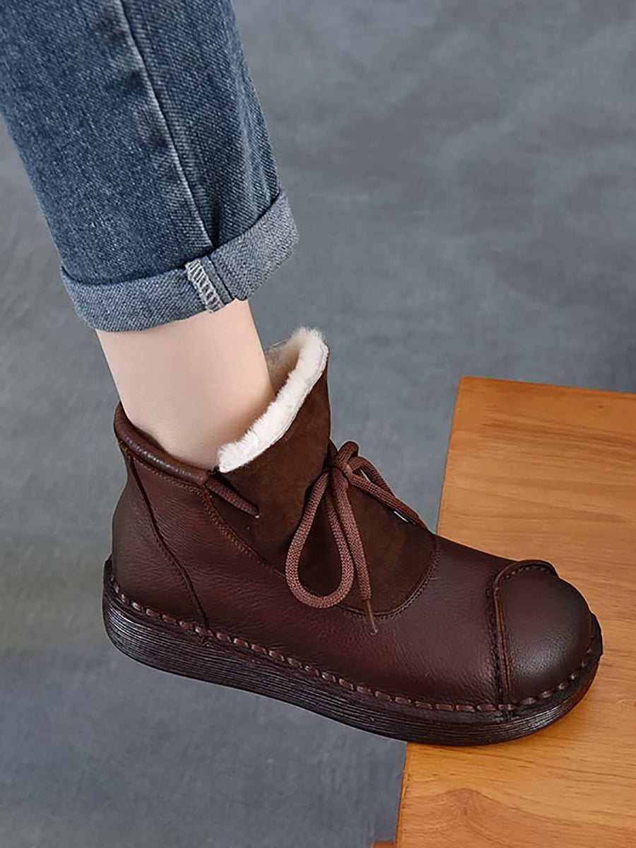 Women Vintage Genuine Leather Spliced Fleece-lined Boots