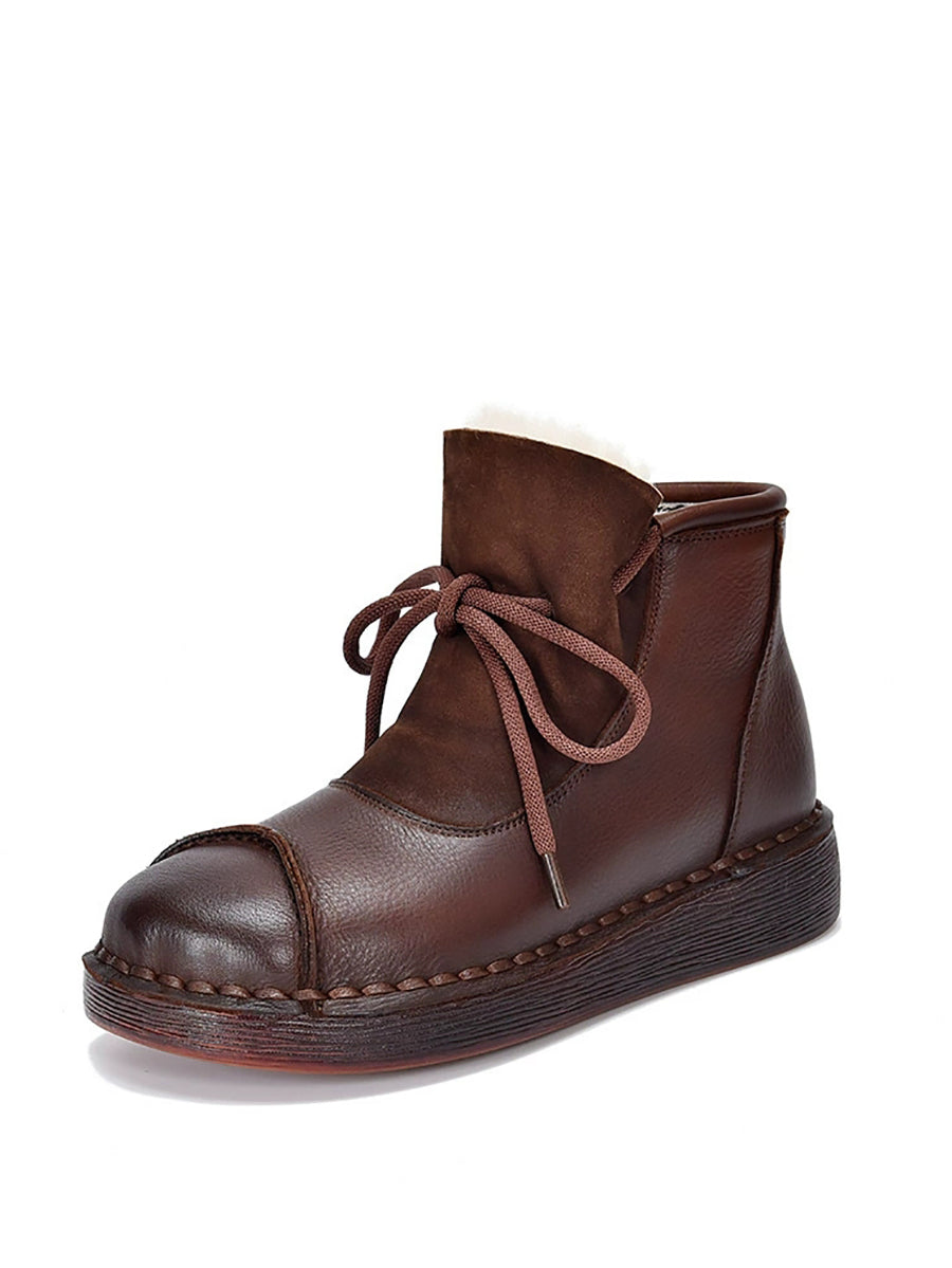 Women Vintage Genuine Leather Spliced Fleece-lined Boots
