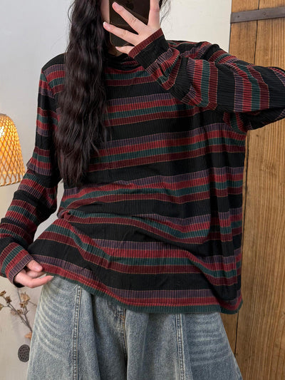 Women Autumn Artsy Stripe Turtleneck Cotton Blouse