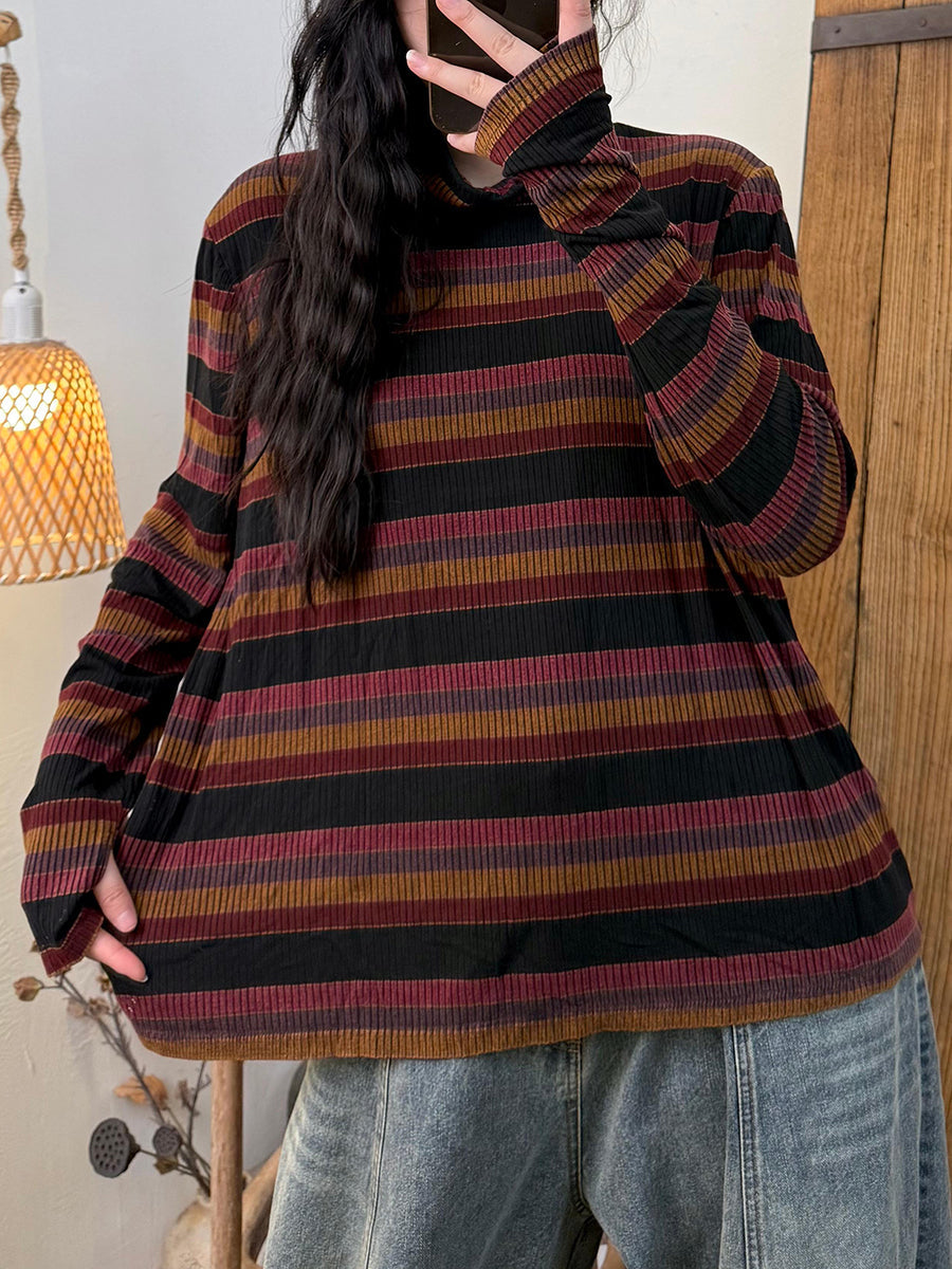 Women Autumn Artsy Stripe Turtleneck Cotton Blouse