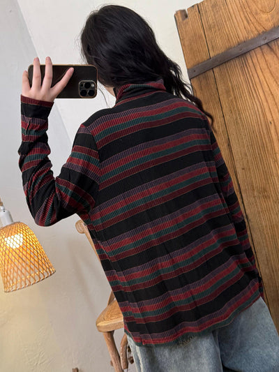 Women Autumn Artsy Stripe Turtleneck Cotton Blouse