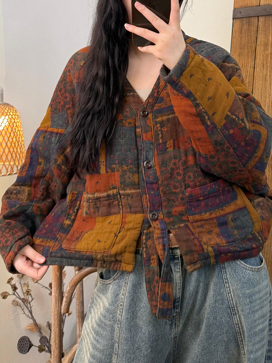 Women Autumn Vintage Print Padded V-Neck Jacket