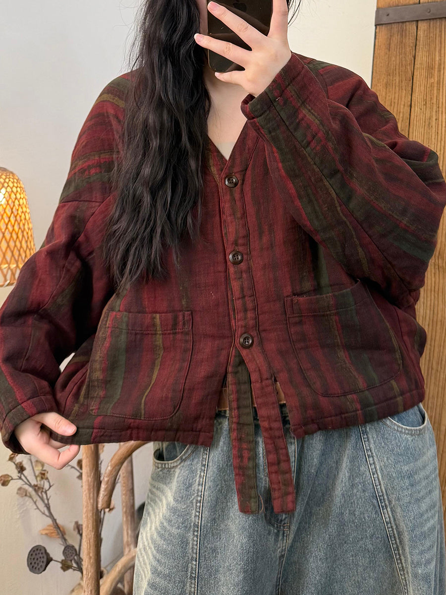 Women Autumn Vintage Print Padded V-Neck Jacket